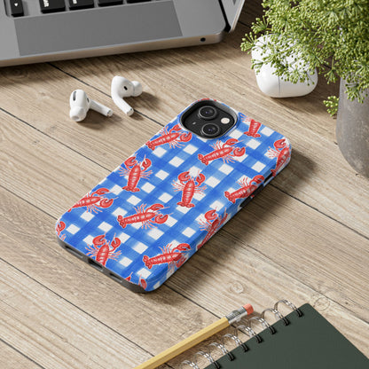 Blue Gingham Red Lobster Watercolor Patterned Phone Case | Various Models