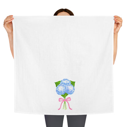 Tea Towel | Watercolor Blue Hydrangeas with Light Pink Bow Printed Illustration | Preppy Coastal Kitchen Decor Gifts