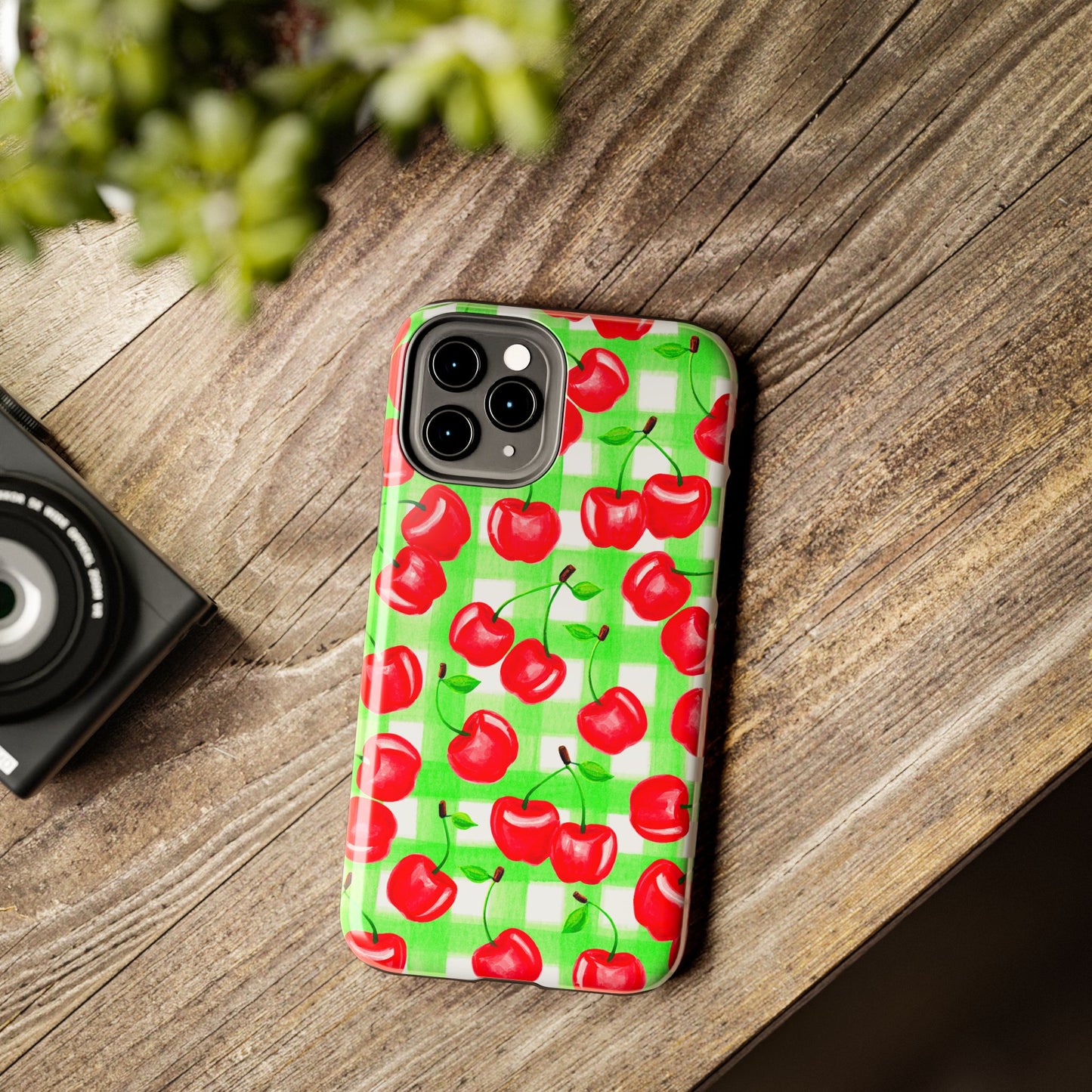 Red Tossed Cherries Green Gingham Watercolor Illustrated Tough Phone Case | Various Models Available