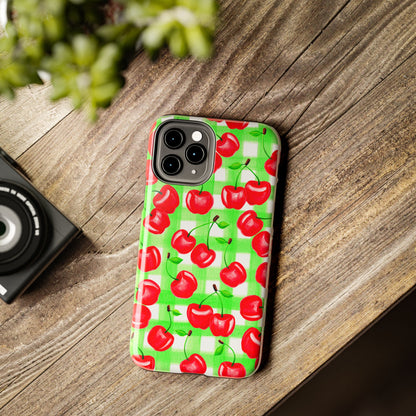 Red Tossed Cherries Green Gingham Watercolor Illustrated Tough Phone Case | Various Models Available