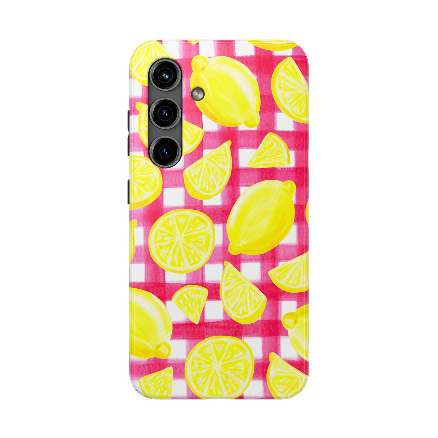 Yellow Lemons & Hot Pink Gingham Watercolor Illustrated Tough Phone Case | Various Models Available