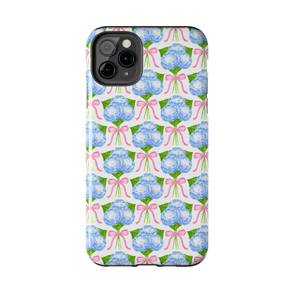 Blue Watercolor Hydrangea Bouqets with Light Pink Bows Watercolor Illustrated Patterned Tough Phone Case | Various Models