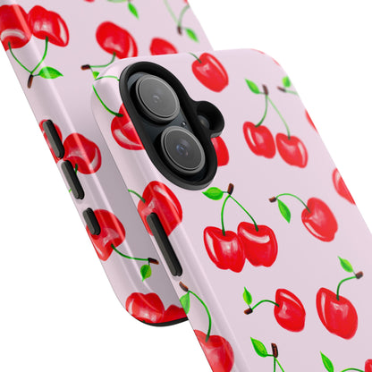 Tossed Red Watercolor Cherries Illustrated Pattern Light Pink Tough Phone Case | Various Models