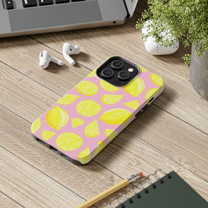 Bright Yellow Lemons Watercolor Illustrated Tossed Pattern Light Pink Tough Phone Case | Various Models
