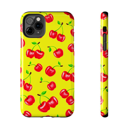 Tossed Red Watercolor Cherries Illustrated Pattern Bright Yellow Tough Phone Case | Various Models