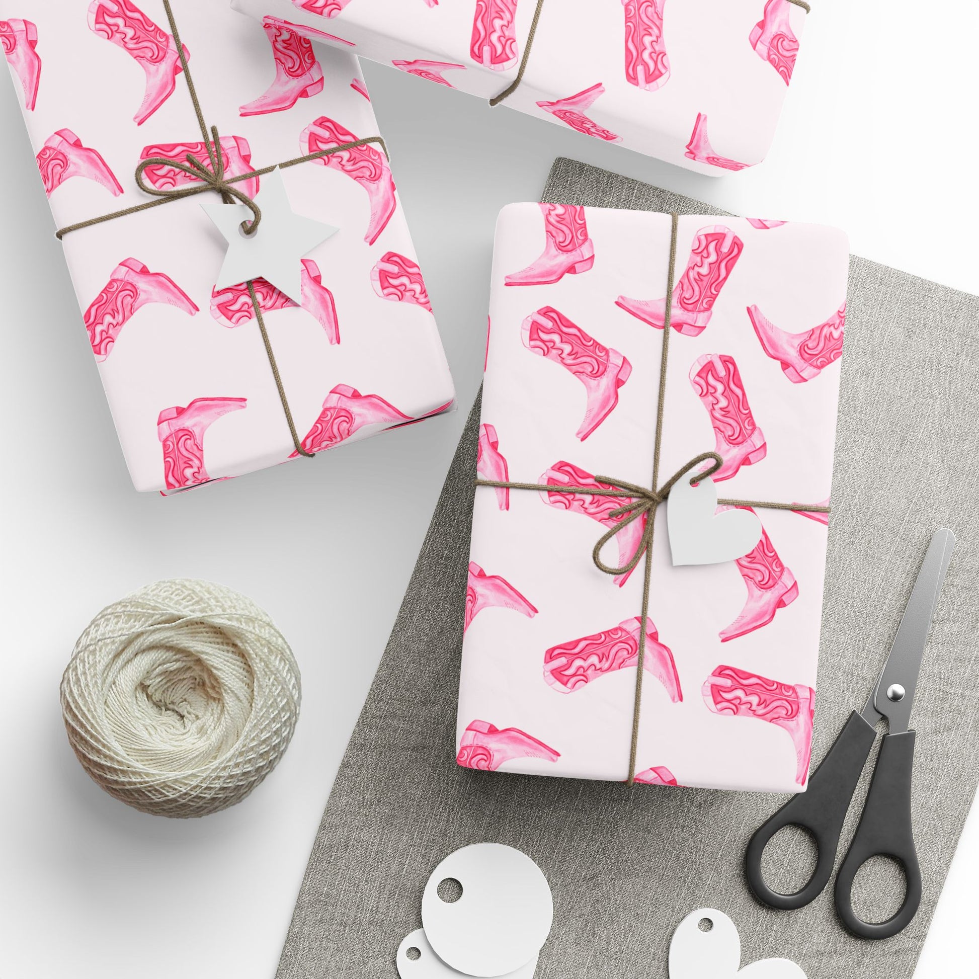 Gift Wrap | Watercolor Hot Pink Cowboy Boots Tossed Pattern | Matte or Glossy 30" x 180" Glossy