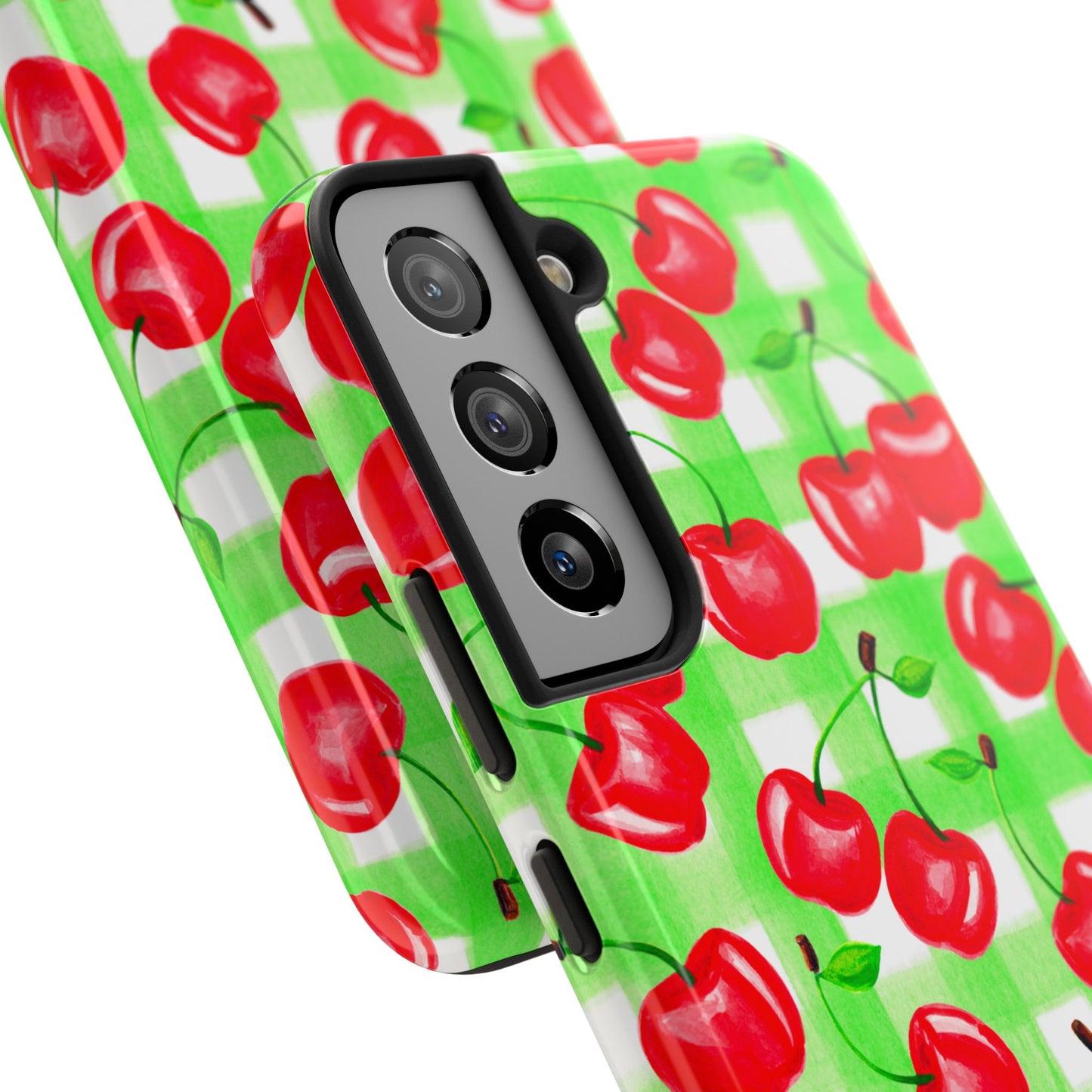 Red Tossed Cherries Green Gingham Watercolor Illustrated Tough Phone Case | Various Models Available