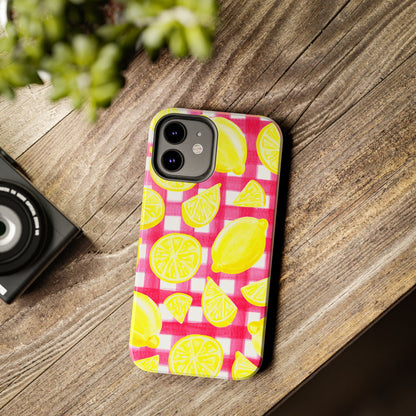 Yellow Lemons & Hot Pink Gingham Watercolor Illustrated Tough Phone Case | Various Models Available