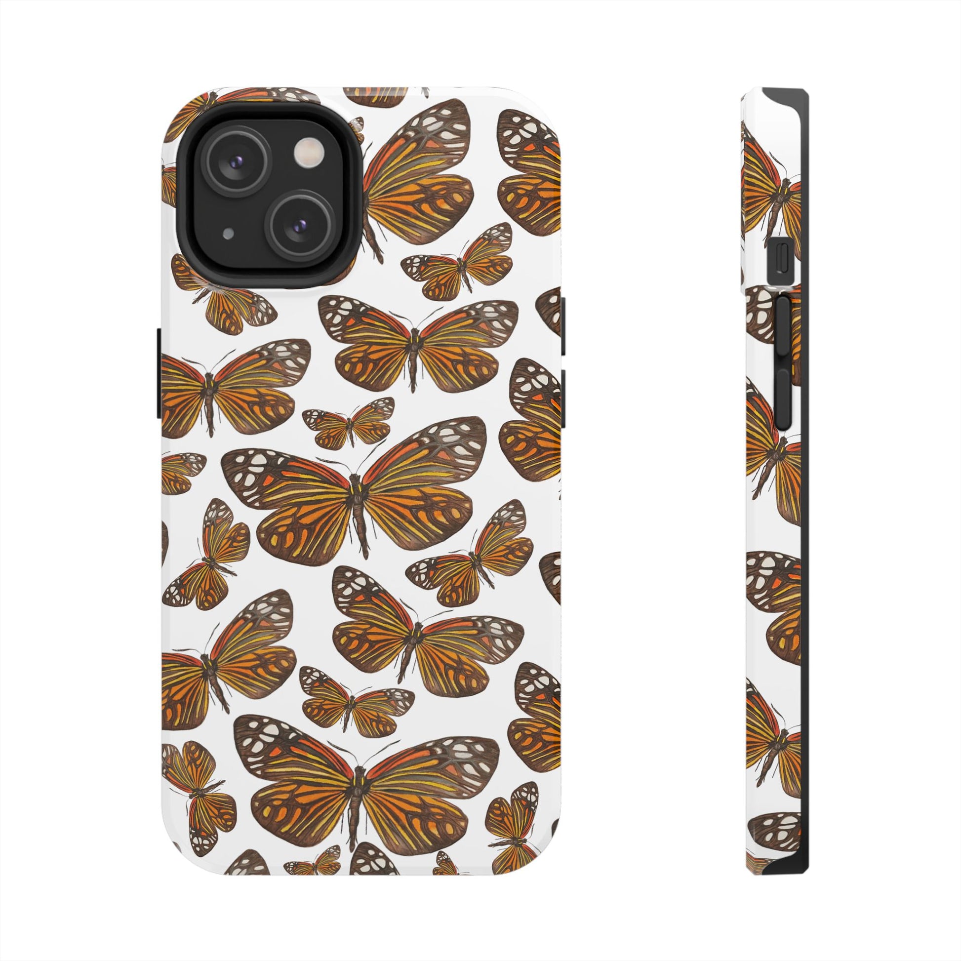 Black & Orange Butterfly Watercolor Illustrated Tossed Pattern Tough Phone Case | Various Models iPhone 14