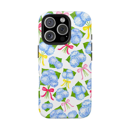 Blue Watercolor Hydrangea Bunches with Hot Pink, Yellow, Light Pink Bows Illustrated Patterned Tough Phone Case | Various Models