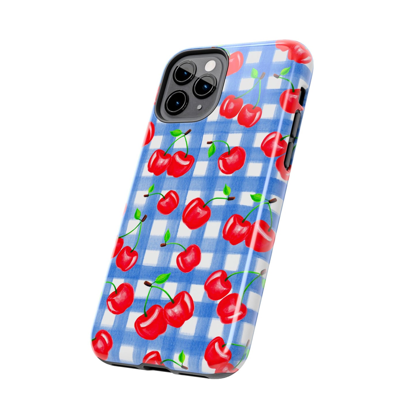 Tossed Red Watercolor Illustrated Cherries Light Blue Gingham Tough Phone Case | Various Models