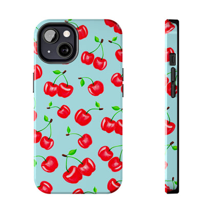 Tossed Red Watercolor Cherries Illustrated Pattern Bright Blue Tough Phone Case | Various Models