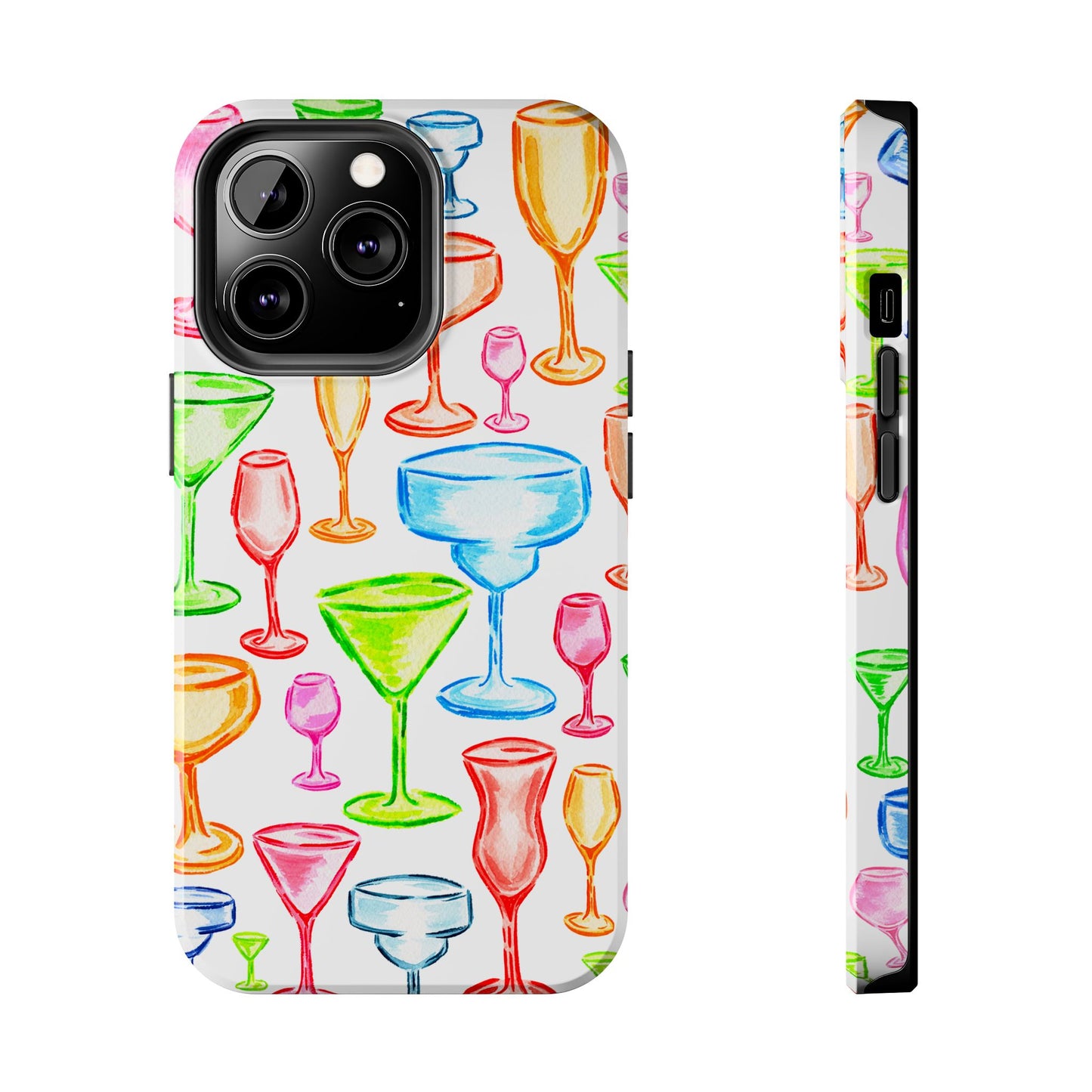 Monochromatic Margarita, Wine, Martini, and Champagne Flute Cocktail Glasses Watercolor Illustrated Tough Phone Case | Various Models Available