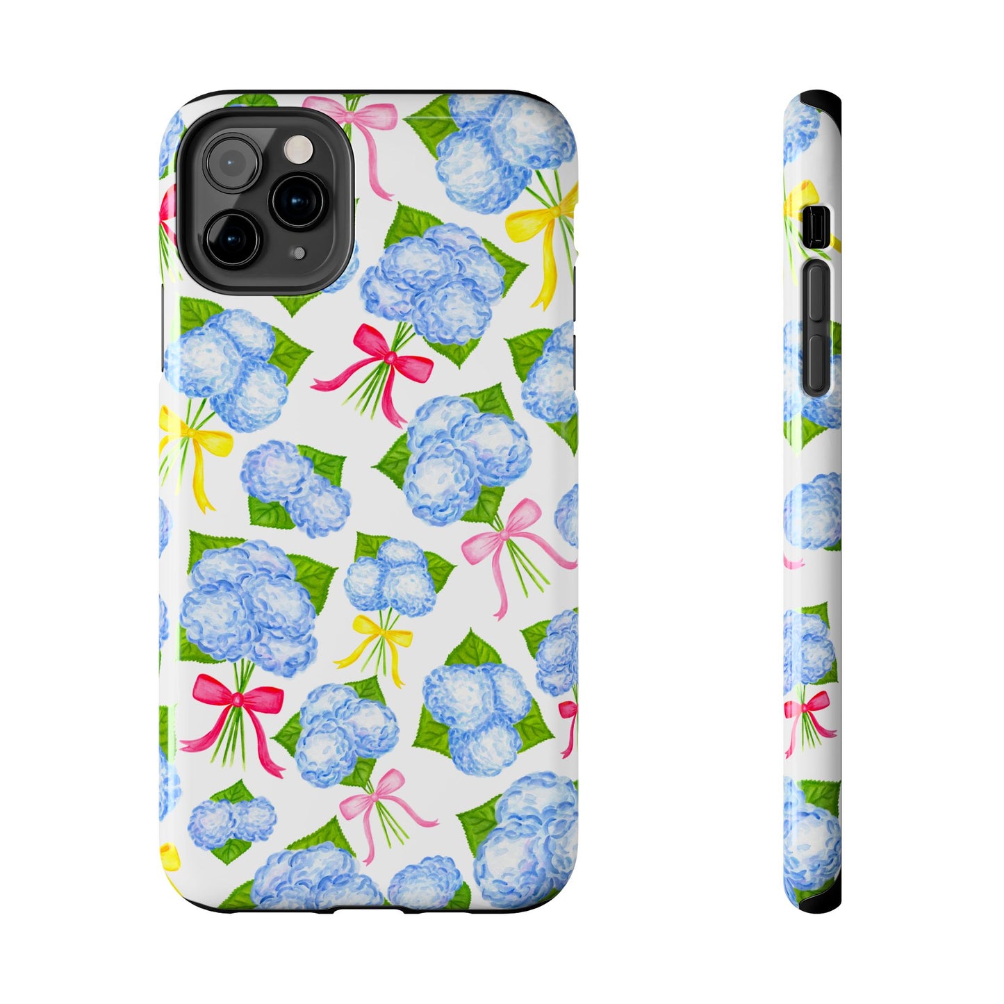 Blue Watercolor Hydrangea Bunches with Hot Pink, Yellow, Light Pink Bows Illustrated Patterned Tough Phone Case | Various Models