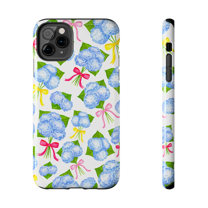Blue Watercolor Hydrangea Bunches with Hot Pink, Yellow, Light Pink Bows Illustrated Patterned Tough Phone Case | Various Models