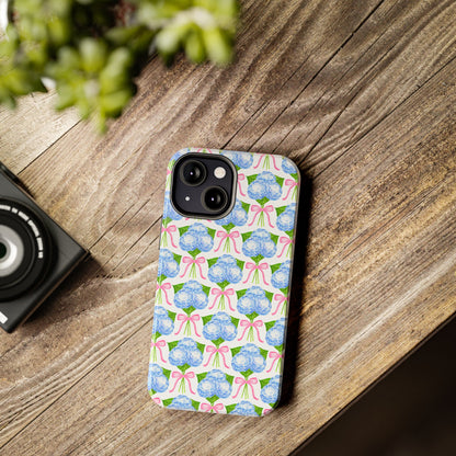 Blue Watercolor Hydrangea Bouqets with Light Pink Bows Watercolor Illustrated Patterned Tough Phone Case | Various Models