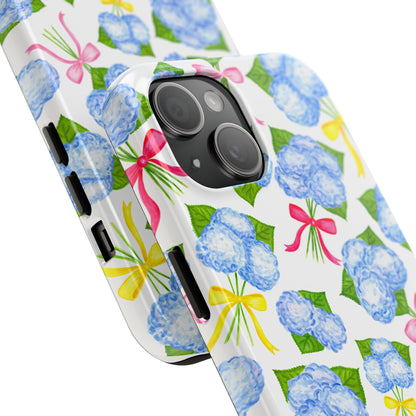 Blue Watercolor Hydrangea Bunches with Hot Pink, Yellow, Light Pink Bows Illustrated Patterned Tough Phone Case | Various Models