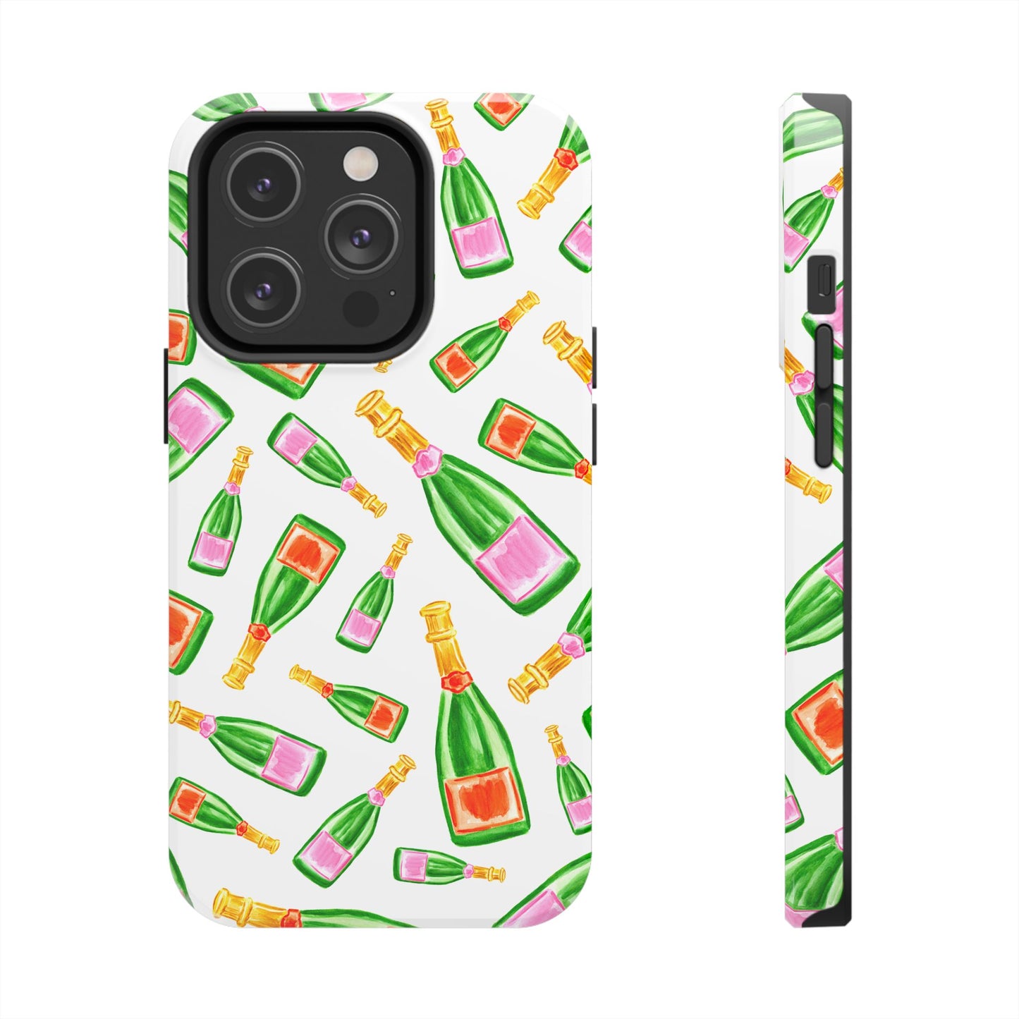 Tossed Pink and Green & Orange and Green Watercolor Illustrated Champagne Bottles Pattern Tough Phone Case | Various Models