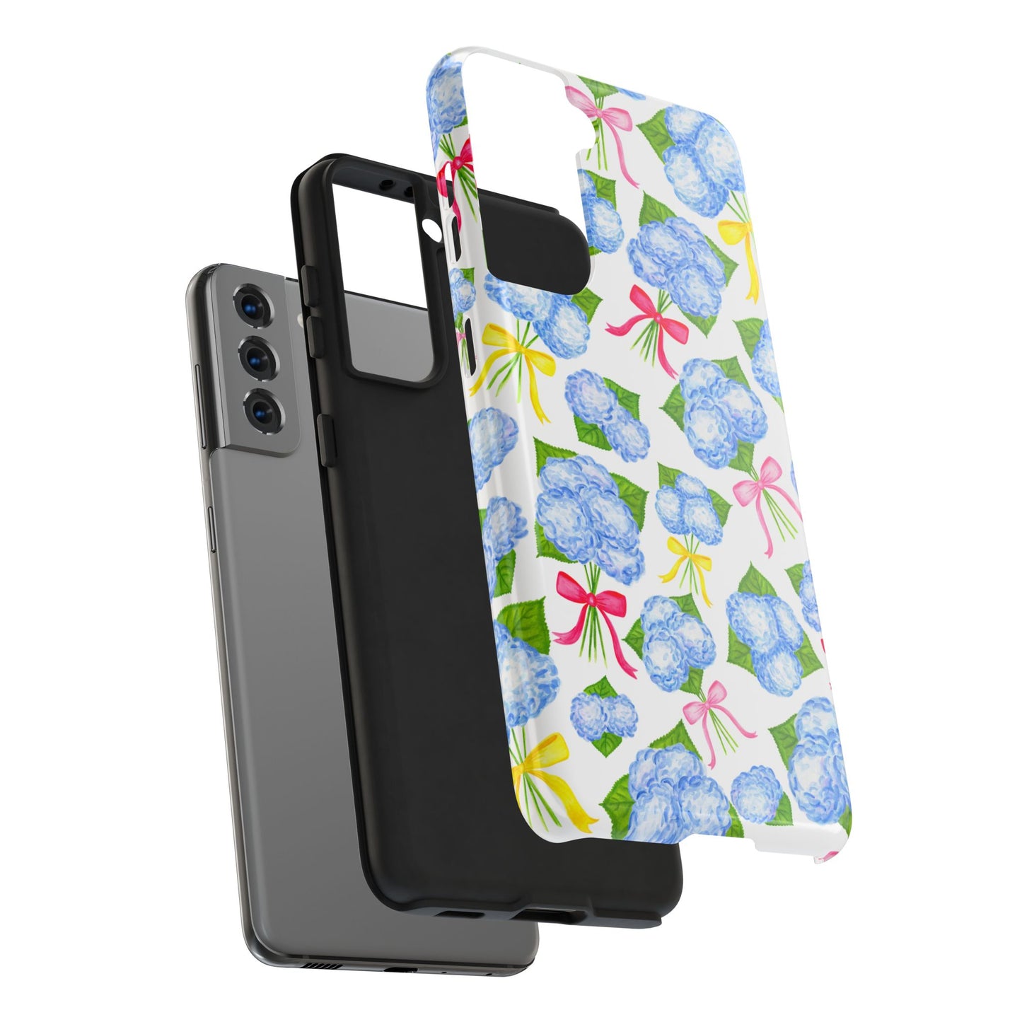 Blue Watercolor Hydrangea Bunches with Hot Pink, Yellow, Light Pink Bows Illustrated Patterned Tough Phone Case | Various Models