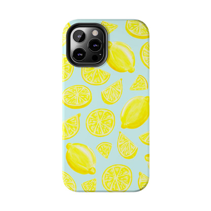 Bright Yellow Lemons Watercolor Illustrated Tossed Pattern Light Blue Tough Phone Case | Various Models