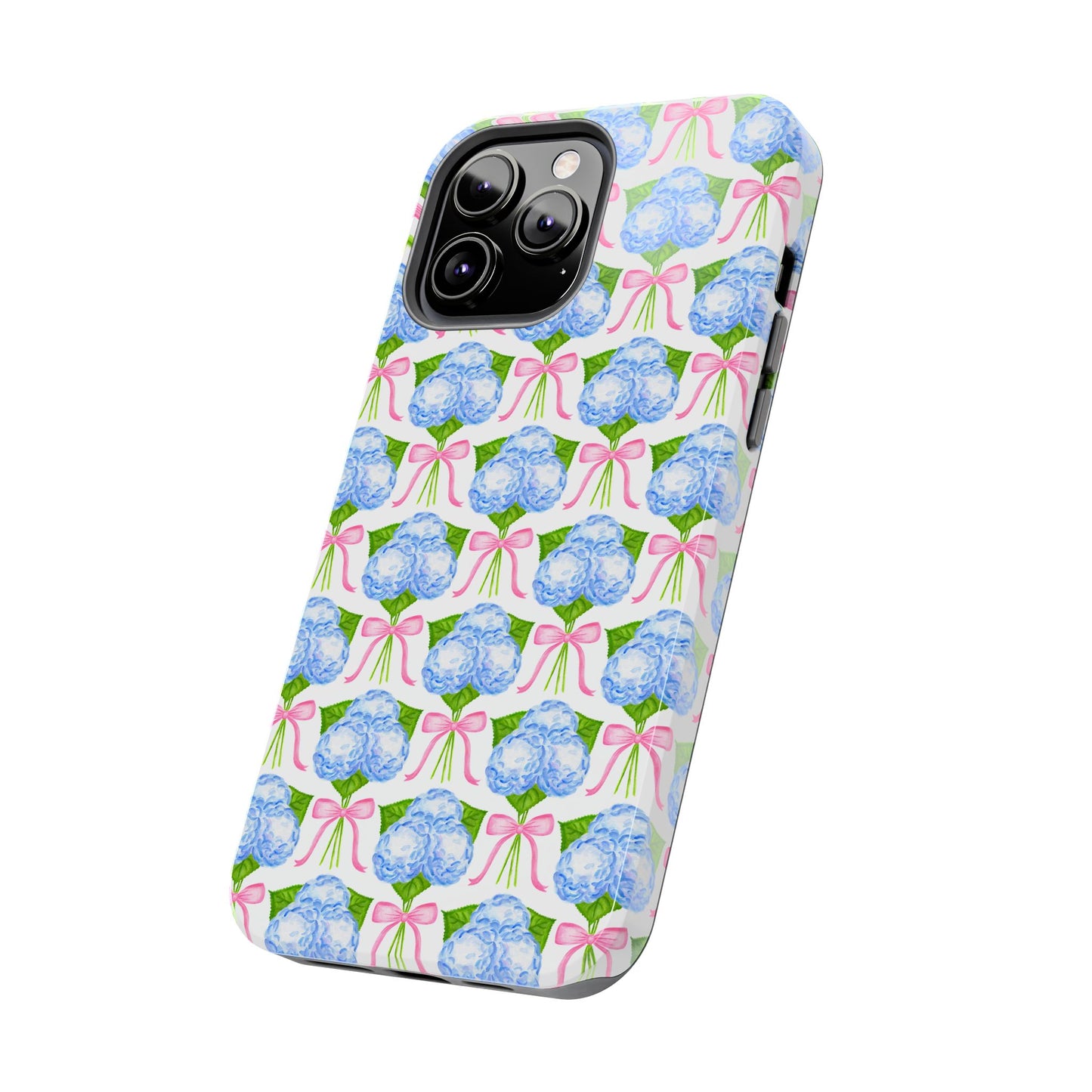 Blue Watercolor Hydrangea Bouqets with Light Pink Bows Watercolor Illustrated Patterned Tough Phone Case | Various Models