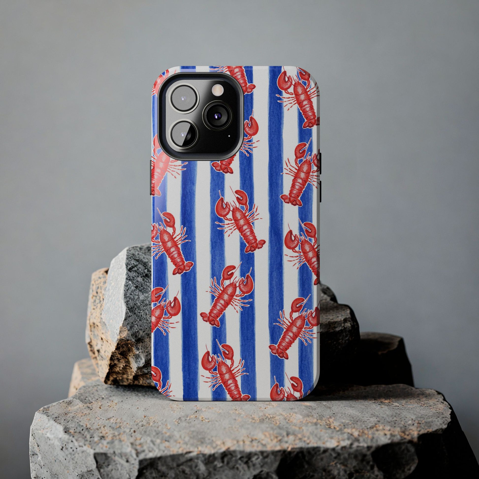 Blue & White Strip Red Lobster Watercolor Patterned Phone Case | Various Models