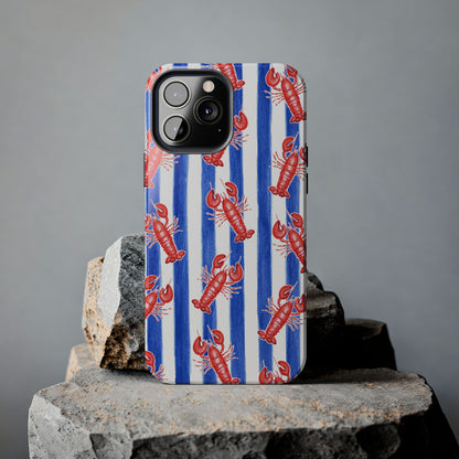 Blue & White Strip Red Lobster Watercolor Patterned Phone Case | Various Models