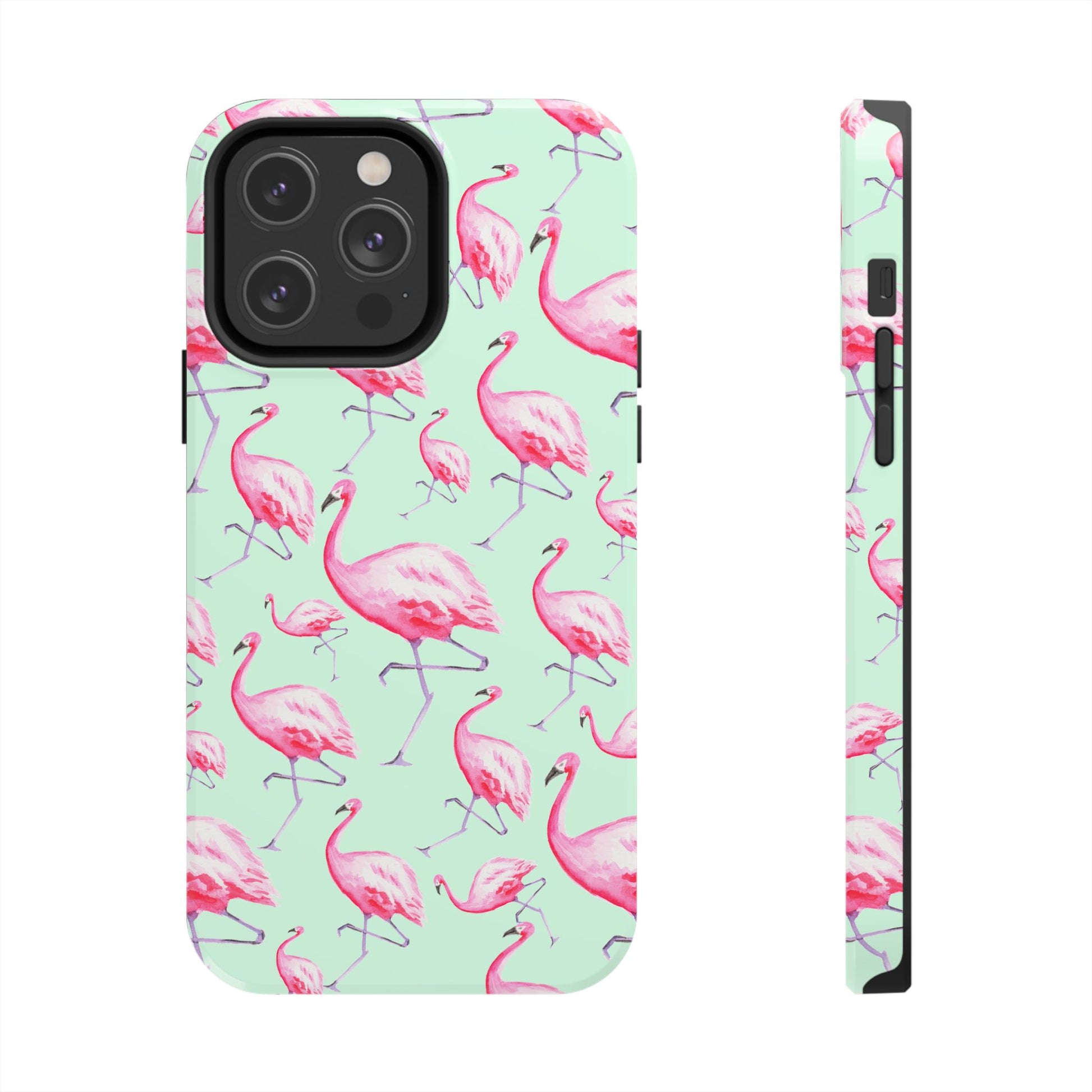 Pink Flamingos Watercolor Illustrated Tossed Pattern Green Phone Case | Various Models iPhone 14 Pro Max