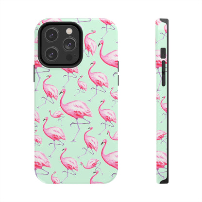 Pink Flamingos Watercolor Illustrated Tossed Pattern Green Phone Case | Various Models iPhone 14 Pro Max