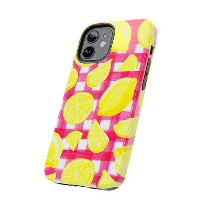 Yellow Lemons & Hot Pink Gingham Watercolor Illustrated Tough Phone Case | Various Models Available