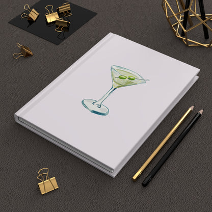 Blue Green Martini Watercolor Illustrated Light Pink Hardcover Lined Journal Matte 8"x 5.75"