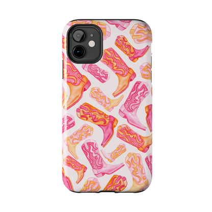 Tossed Hot Pink & Orange Watercolor Cowboy Boots Tough Light Pink Phone Case | Various Models Available iPhone 11