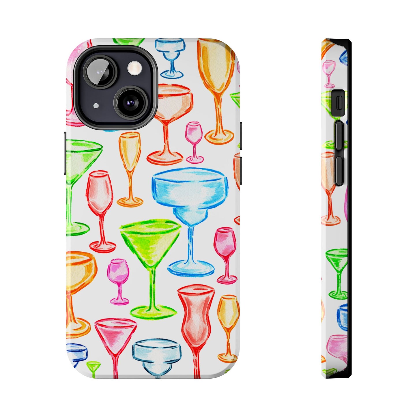 Monochromatic Margarita, Wine, Martini, and Champagne Flute Cocktail Glasses Watercolor Illustrated Tough Phone Case | Various Models Available