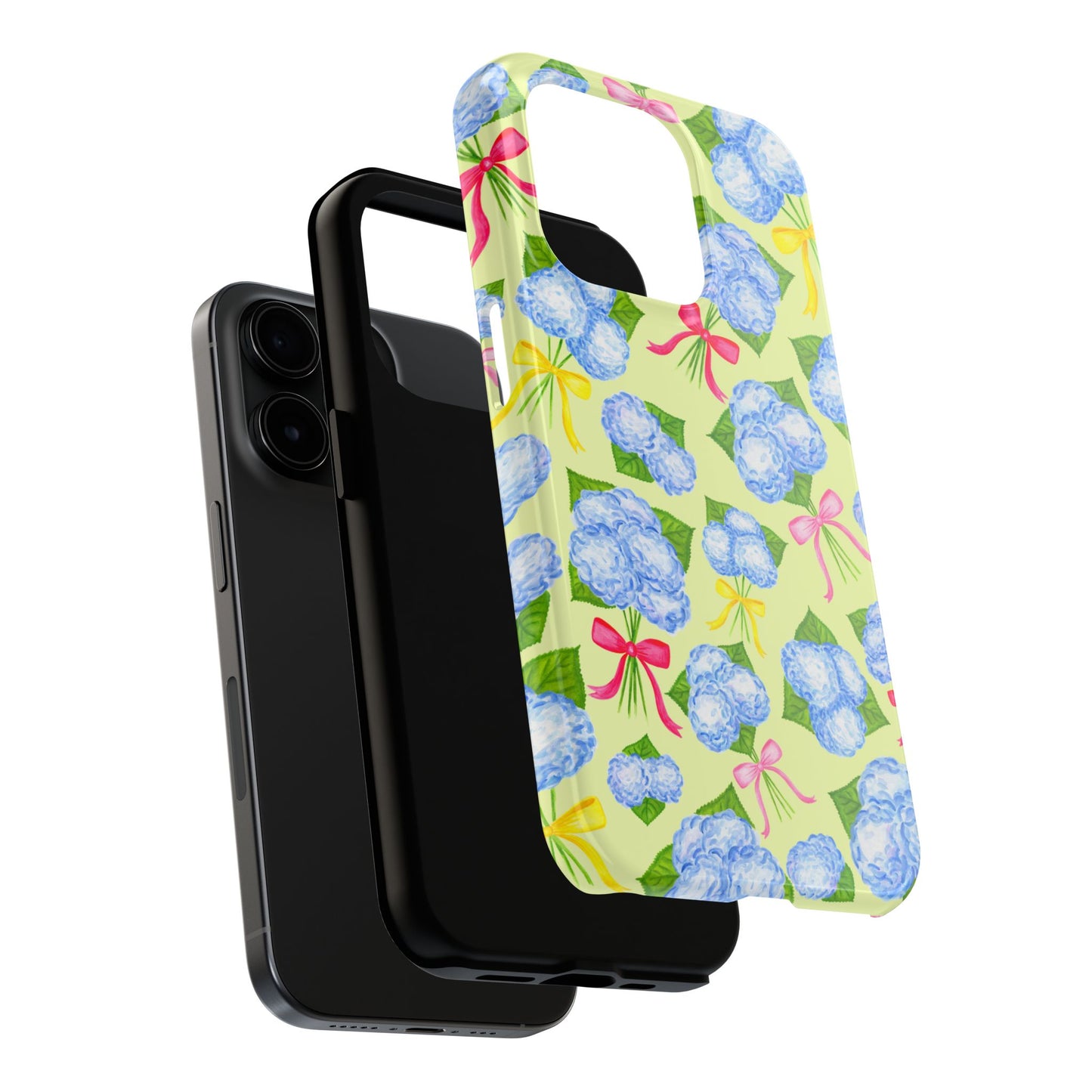 Blue Watercolor Hydrangea Bunches with Hot Pink, Yellow, Light Pink Bows Illustrated Patterned Yellow Tough Phone Case | Various Models