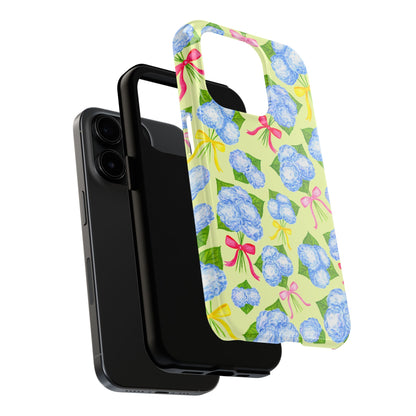Blue Watercolor Hydrangea Bunches with Hot Pink, Yellow, Light Pink Bows Illustrated Patterned Yellow Tough Phone Case | Various Models