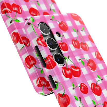 Tossed Red Watercolor Cherries Illustrated Pattern Light Pink Gingham Tough Phone Case | Various Models