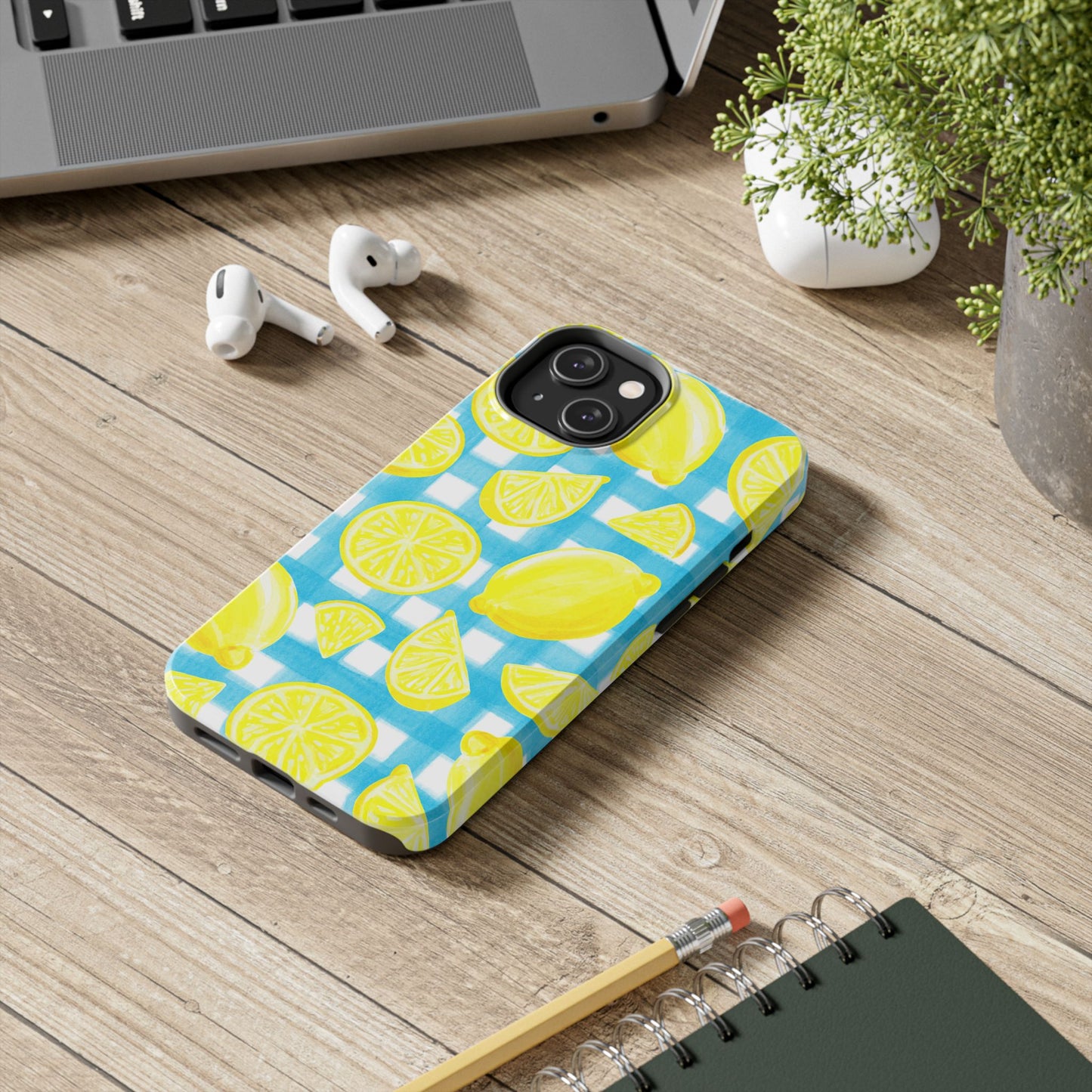 Yellow Lemons & Turquoise Gingham Watercolor Illustrated Tough Phone Case | Various Models Available