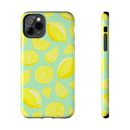Bright Yellow Lemons Watercolor Illustrated Tossed Pattern Mint Green Tough Phone Case | Various Models