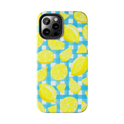 Bright Yellow Lemons Watercolor Illustrated Tossed Pattern Turquoise Gingham Tough Phone Case | Various Models