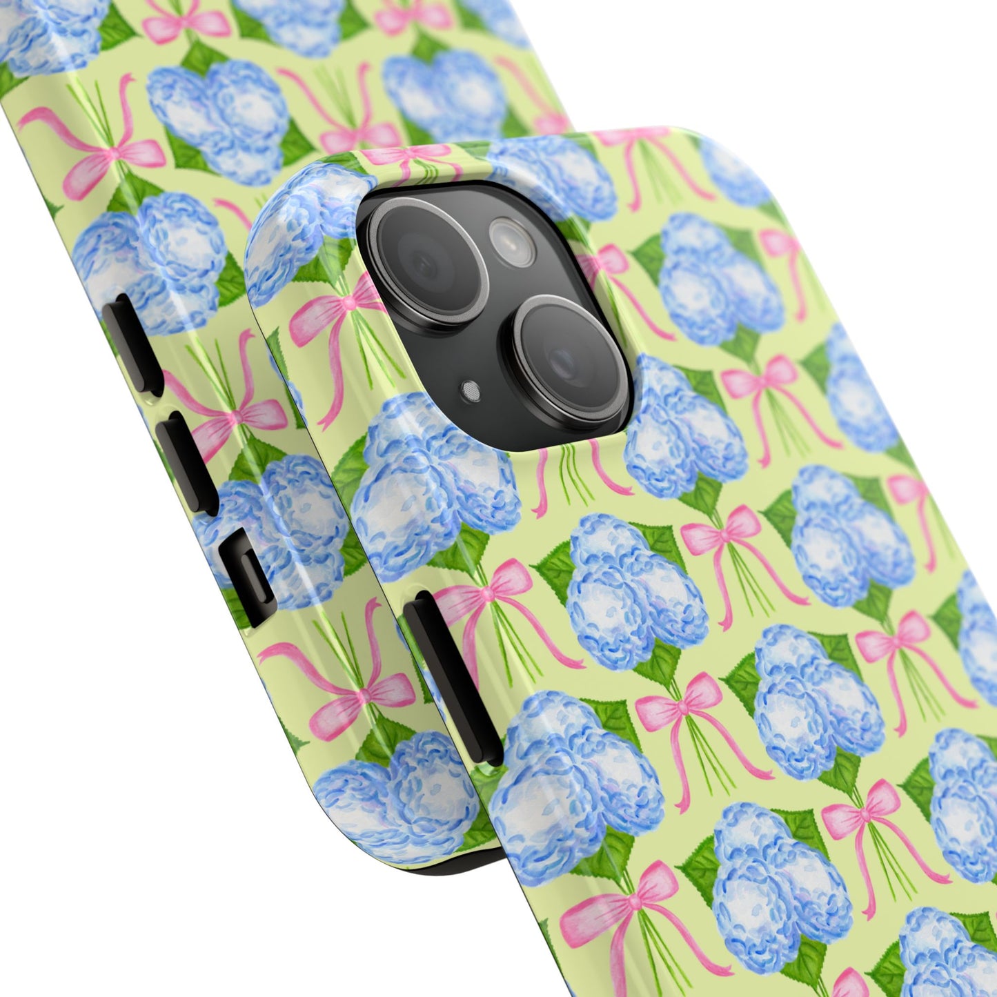 Blue Watercolor Hydrangea Bouquets with Light Pink Bows Watercolor Illustrated Patterned Yellow Tough Phone Case | Various Models