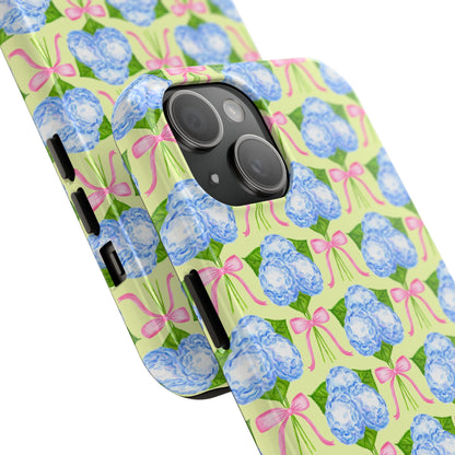 Blue Watercolor Hydrangea Bouquets with Light Pink Bows Watercolor Illustrated Patterned Yellow Tough Phone Case | Various Models