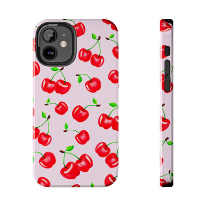 Tossed Red Watercolor Cherries Illustrated Pattern Light Pink Tough Phone Case | Various Models