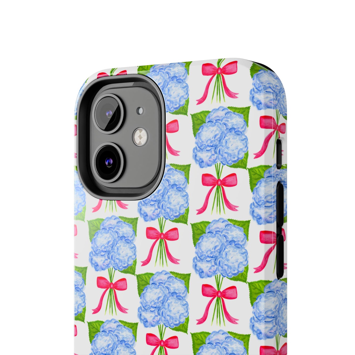 Blue Watercolor Hydrangea Bouquets with Hot Pink Bows Illustrated Patterned Tough Phone Case | Various Models