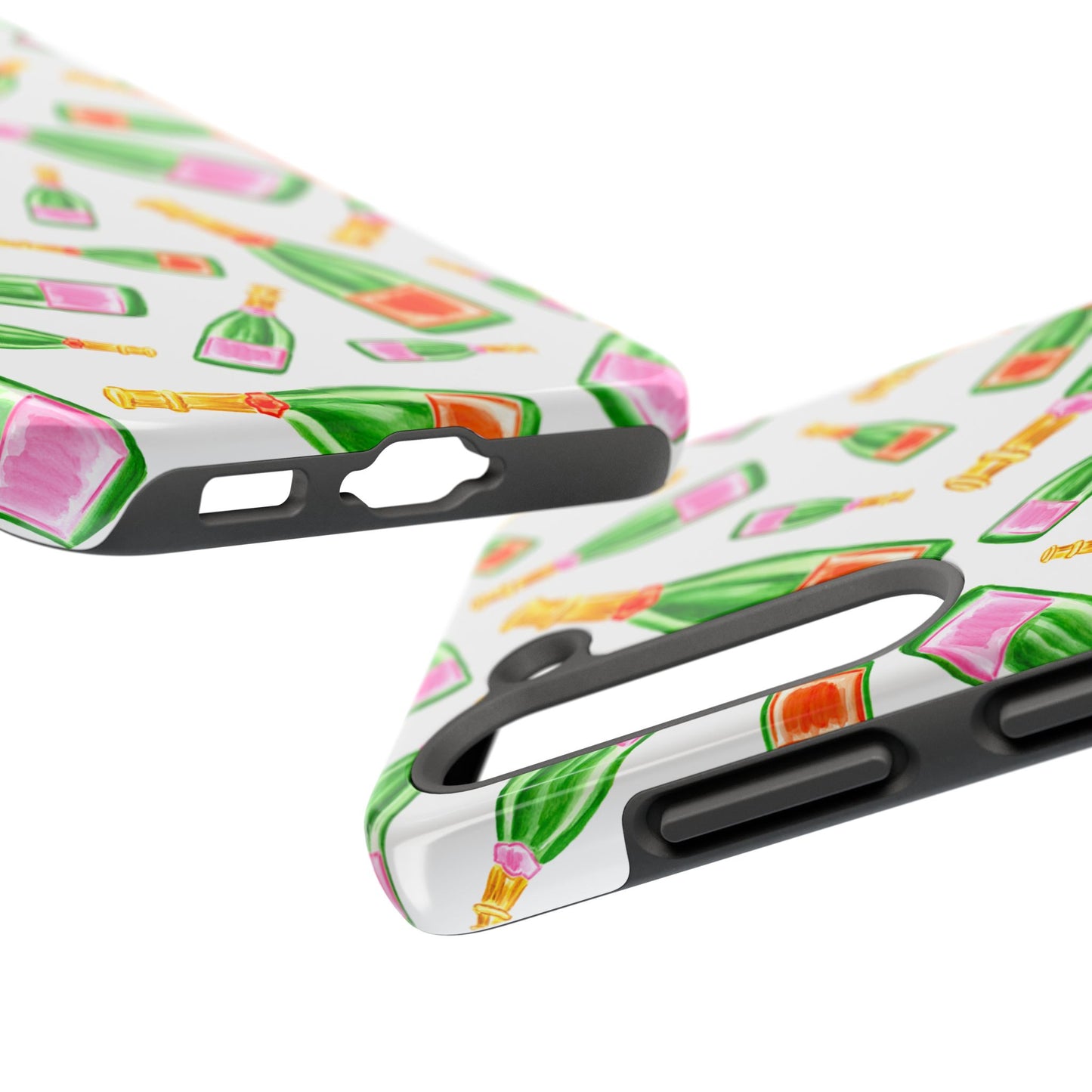 Tossed Pink and Green & Orange and Green Watercolor Illustrated Champagne Bottles Pattern Tough Phone Case | Various Models