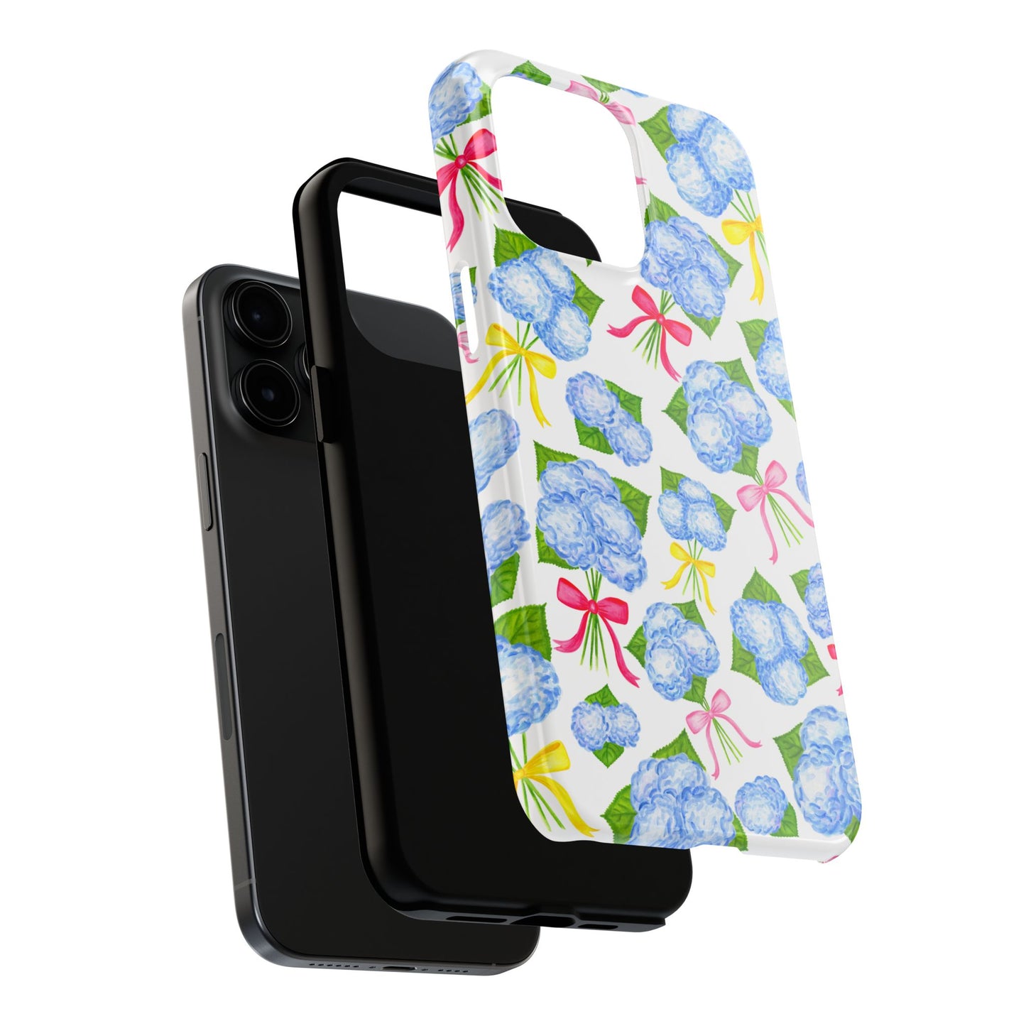 Blue Watercolor Hydrangea Bunches with Hot Pink, Yellow, Light Pink Bows Illustrated Patterned Tough Phone Case | Various Models