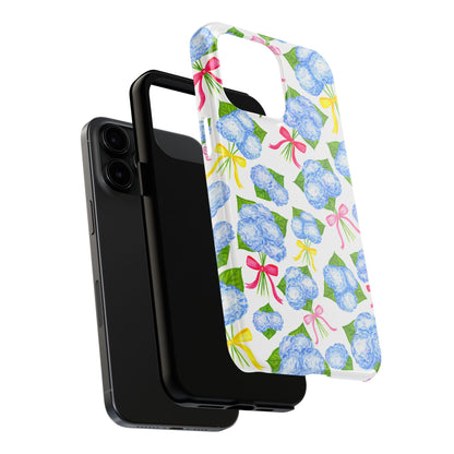 Blue Watercolor Hydrangea Bunches with Hot Pink, Yellow, Light Pink Bows Illustrated Patterned Tough Phone Case | Various Models
