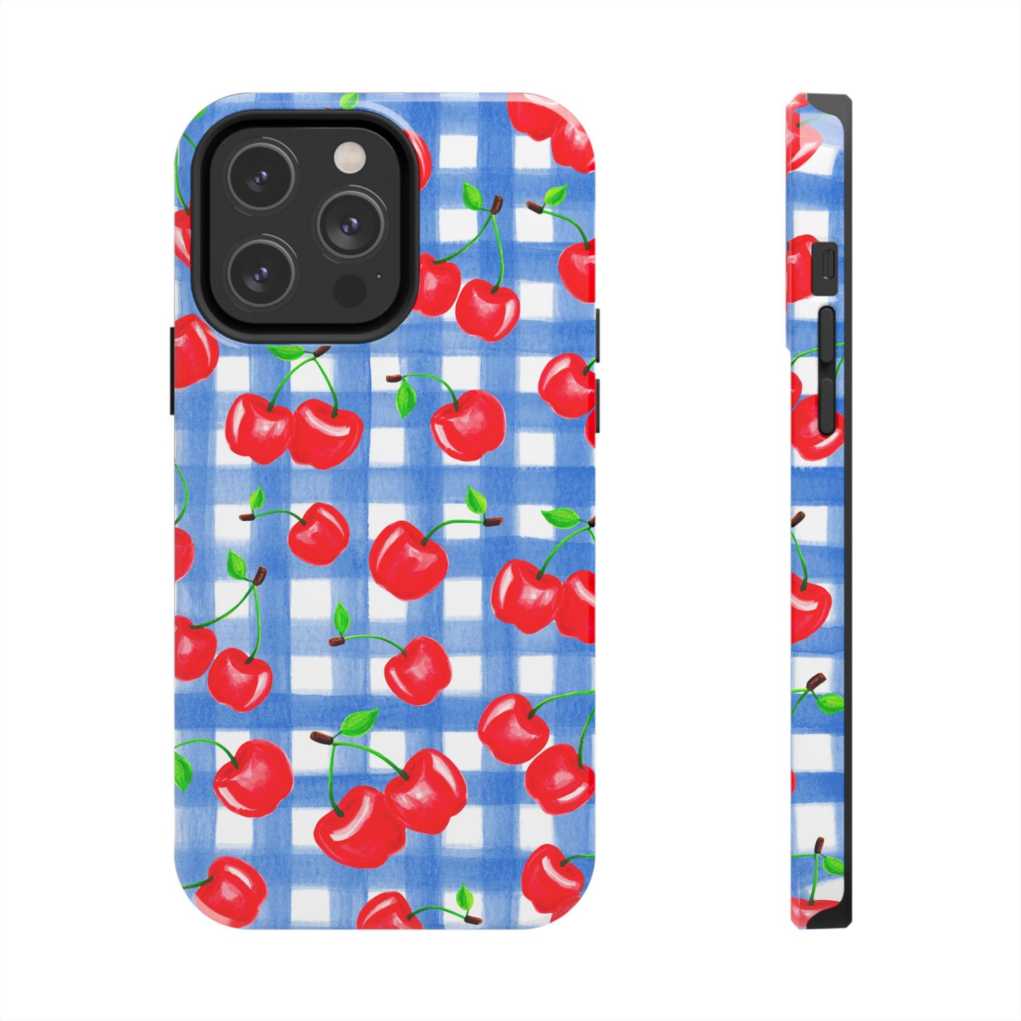 Tossed Red Watercolor Illustrated Cherries Light Blue Gingham Tough Phone Case | Various Models