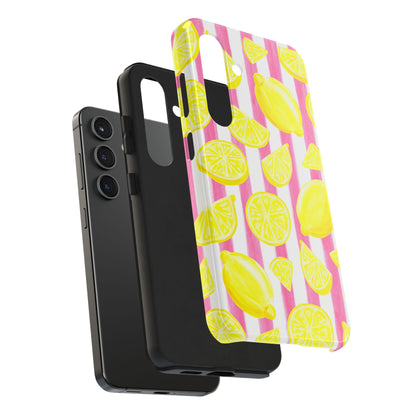 Pink Lemonade Yellow Lemons with Pink & White Watercolor Stripes Tough Phone Case