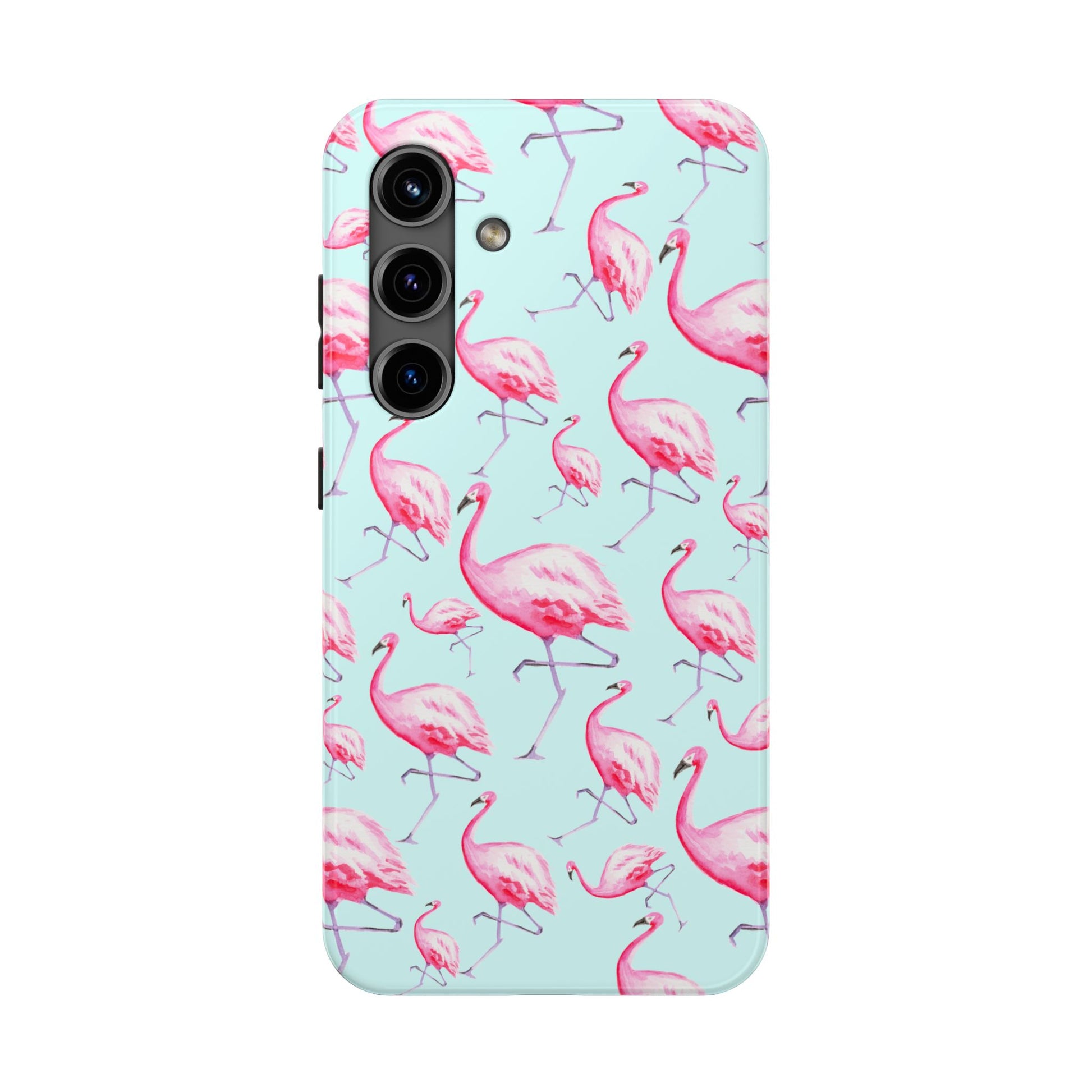 Pink Flamingos Watercolor Illustrated Tossed Pattern Blue Phone Case | Various Models Samsung Galaxy S24