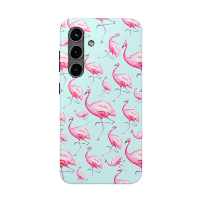 Pink Flamingos Watercolor Illustrated Tossed Pattern Blue Phone Case | Various Models Samsung Galaxy S24